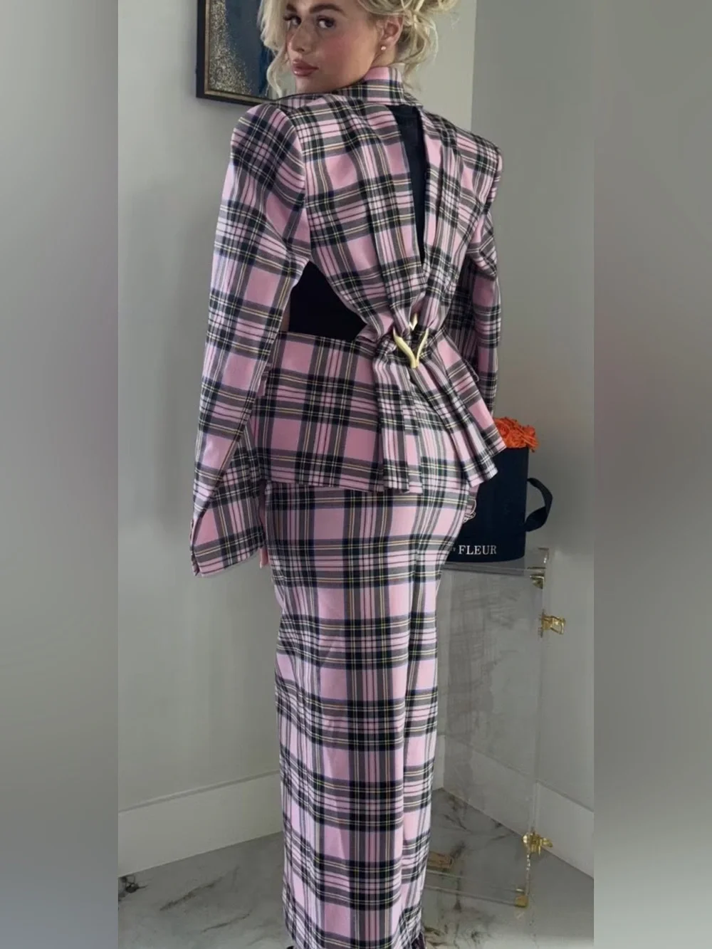 AREA Pink & Black Plaid Tailored Blazer and Skirt Set